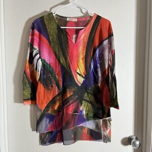 VTG Jess & Jane Top LP Colorful Abstract Artsy Patchework 3/4 Sleeves